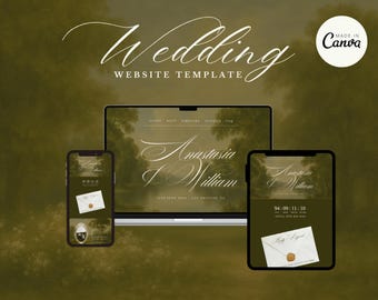 May include: A wedding website template displayed on a laptop, smartphone, and tablet. The design features elegant script text that reads "Wedding Website Template" and the names "Anastasia & William." The background is a muted green with a landscape painting.
