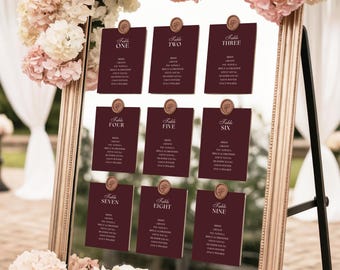 Plano de mesas para boda en color burdeos moderno, póster digital imprimible, elegante cartel de recepción, papelería chic para boda de otoño | MILLIE