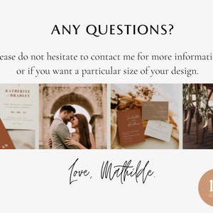 May include: A collage of images showcasing wedding stationery with a rustic, earthy color palette. The images include a close-up of a wedding invitation with the names Katherine and Bradley, a couple embracing under an archway, a wedding invitation with the names Juliette and Arthur, and a table setting with greenery and wooden chairs.