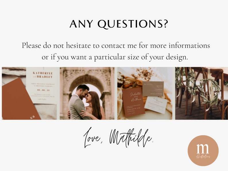 May include: A collage of images showcasing wedding stationery with a rustic, earthy color palette. The images include a close-up of a wedding invitation with the names Katherine and Bradley, a couple embracing under an archway, a wedding invitation with the names Juliette and Arthur, and a table setting with greenery and wooden chairs.