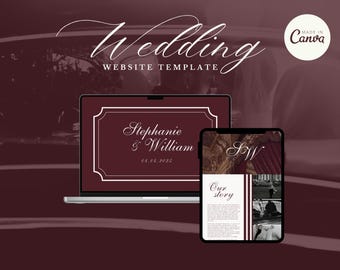 Può includere: Un modello di sito web di matrimonio visualizzato su un laptop e un tablet. Lo schermo del laptop mostra i nomi "Stephanie & William" e la data "05.06.2025" in testo bianco su sfondo bordeaux. Il tablet mostra un sito web con il testo "Our story".
