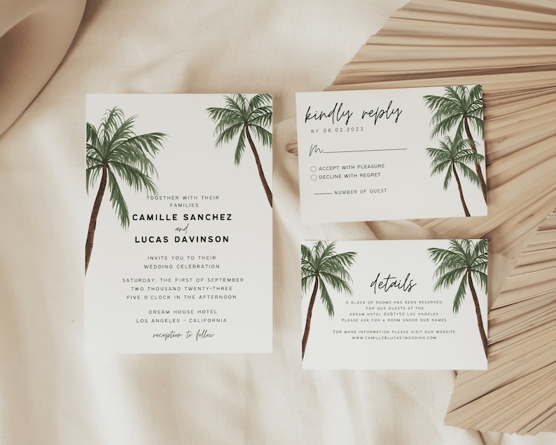 May include: Wedding invitation with palm tree illustrations. The invitation is for Camille Sanchez and Lucas Davison's wedding celebration on September 1, 2023, at 5:00 PM at the Dream House Hotel in Los Angeles, California. The invitation includes a RSVP card with a deadline of June 2, 2023.