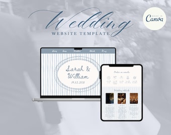May include: A digital wedding website template displayed on a laptop and a tablet. The website design features a light blue and white striped background with the names "Sarah & William" and the date "09.02.2030" in an oval frame. The words "Wedding Website Template" are at the top.