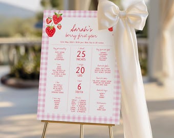 Berry First Birthday Milestone Board, Strawberry Birthday Birthday Sign, Pink Gingham Birthday Poster, Printable Birthday Sign | BERRY