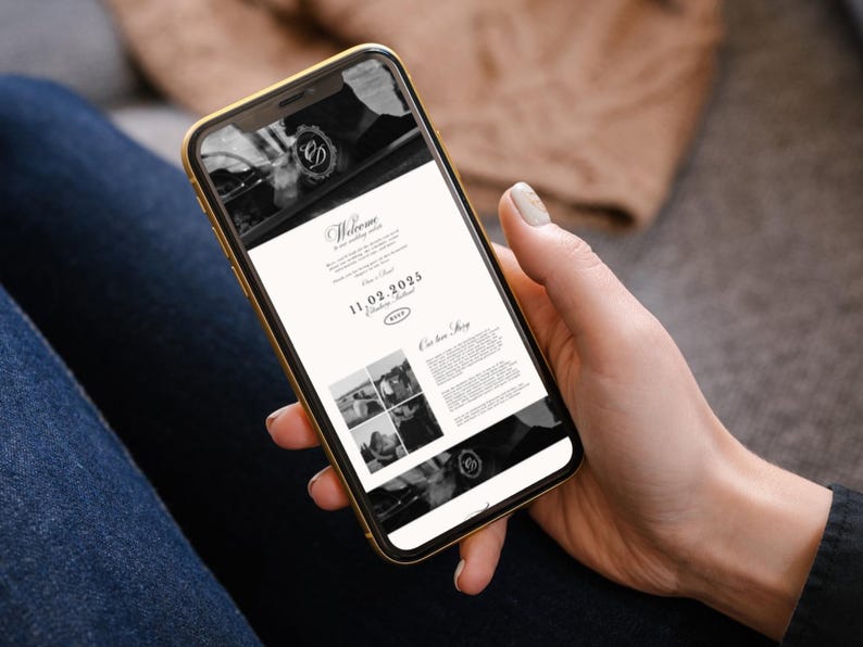 May include: A gold-framed smartphone displays a wedding invitation with a black and white design. The invitation includes the date, February 11, 2023, and the word "Welcome". The phone is held in a person's hand.