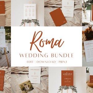 Minimal Wedding Reception Bundle, Orange Printable Wedding Signs, Modern Wedding Signage, Editable Instant Download | ROMA
