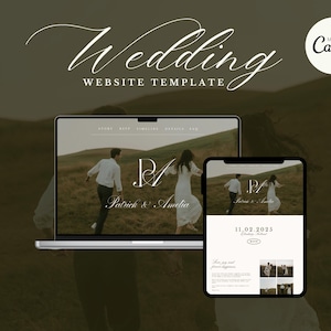 Può includere: Un modello di sito web di matrimonio visualizzato su un laptop e uno smartphone. Il sito web presenta una coppia che corre in un campo, con i nomi "Patrick & Amelia" e la data "11.02.2023". Le parole "Wedding Website Template" sono scritte in corsivo.