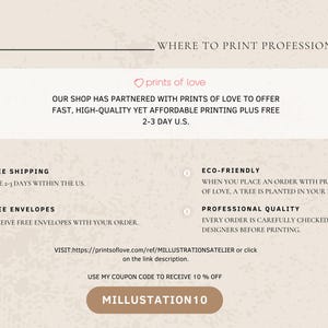 May include: Cream-colored graphic with text promoting professional printing services. The text includes "prints of love", details about fast, high-quality printing, free shipping, and a coupon code "MILLUSTATION10".