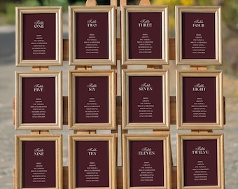 Plano de mesas para boda en color burdeos moderno, póster digital imprimible, elegante cartel de recepción, papelería chic para boda de otoño | MILLIE