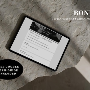 May include: A digital tablet displaying a wedding invitation template with the text "R&P - Anastasia & William's Wedding". Includes a bonus Google form and banner template, plus a free Google form guide.