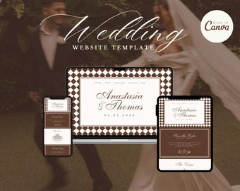 May include: A wedding website template displayed on a laptop, tablet, and smartphone. The design features a brown and white checkered pattern with the names "Anastasia & Thomas" and the date "04.05.2030". The text "Wedding WEBSITE TEMPLATE" is at the top.