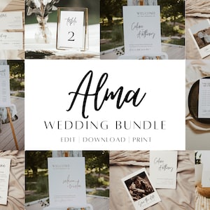 Minimales Hochzeitsempfangspaket, minimales Hochzeits-Willkommensschild, Sitzplan, Hochzeitsmenü | ALMA