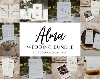 Minimal Wedding Reception Bundle, Printable Wedding Signs Template Set, Minimal Wedding Set Welcome Sign, Seating Chart, Wedding Menu | ALMA