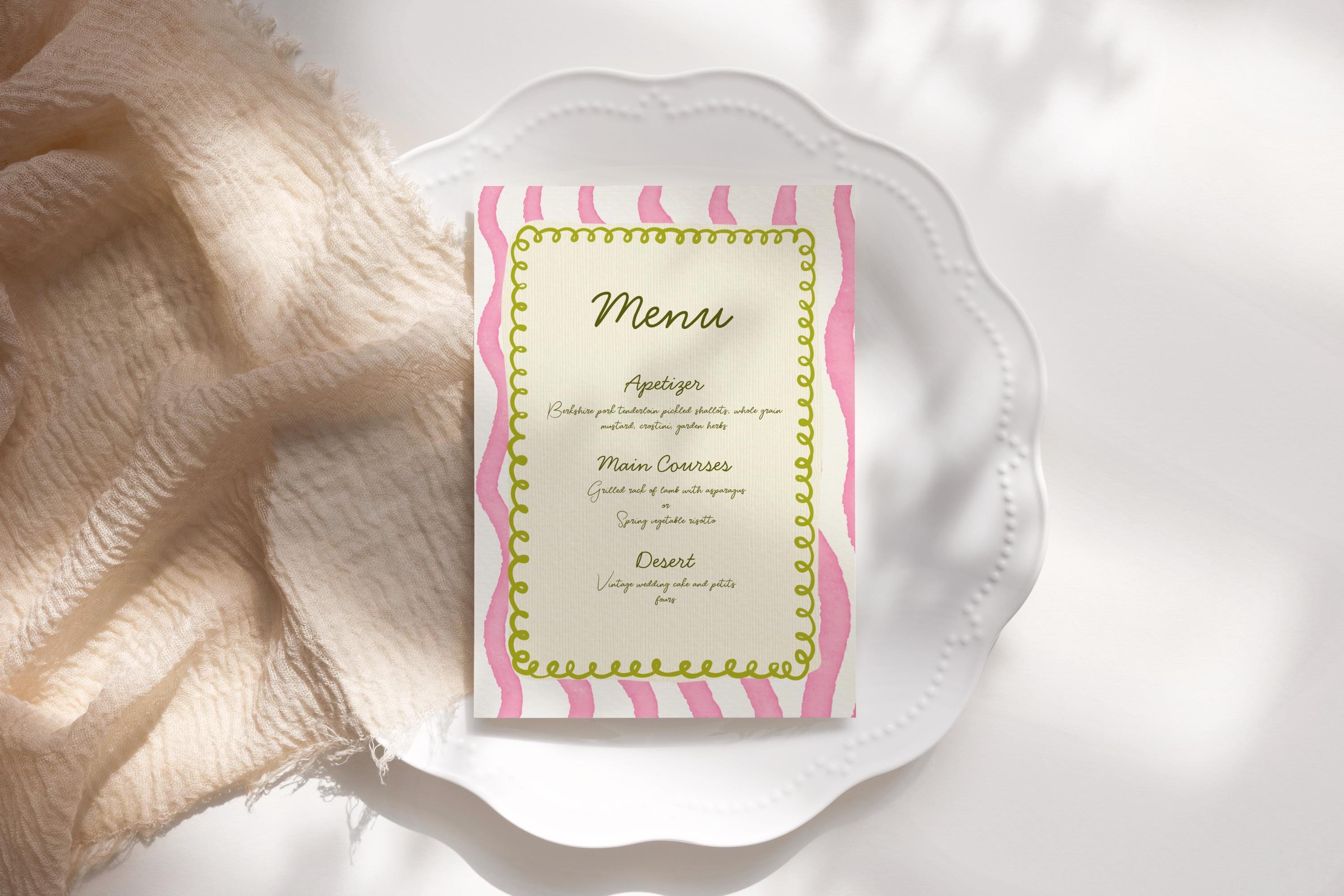 Pink Green Wedding Menu