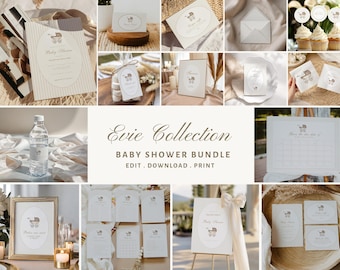 Beige Stroller Baby Shower Bundle, Neutral Minimalist Baby Shower Set, Elegant Printable Baby Shower Decor, Gender Neutral Baby Shower |EVIE