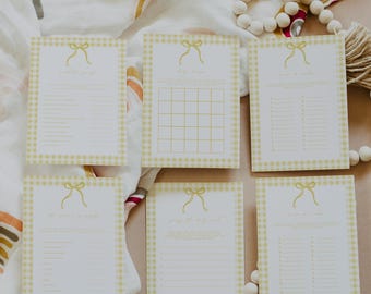 Żółta kratka w kratkę – gry na baby shower, zestaw 20 gier do wydrukowania, bingo, quiz, porady dla mamy, zestaw gier na baby shower | STEVE