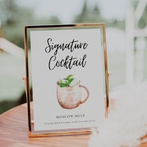 Moscow Mule Signature Drink Sign, Signature Cocktail Sign, Minimalist Wedding Bar Menu Sign, Wedding Drinks menu, Editable Template | ALMA