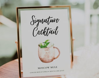 Moscow Mule Signature Drink Sign, Signature Cocktail Sign, Minimalist Wedding Bar Menu Sign, Wedding Drinks menu, Editable Template | ALMA