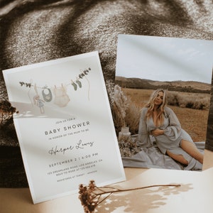 Girl Baby Shower Invitation Template with Photo, Boho Baby Shower Invitation, Baby Clothes Shower Invite, bohemian reveal | ALBI