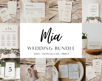 May include: A collection of wedding stationery items, including invitations, menus, and table cards. The design features minimalist text and floral accents in black on a cream background. The text "Mia WEDDING BUNDLE" is prominently displayed.