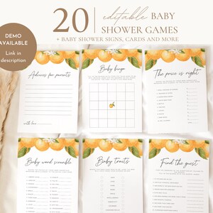 Bearbeitbares Little Cutie Babyparty-Spielpaket, Orange Babyparty-Spielpaket, geschlechtsneutrale Orangen-Zitrus-Aktivitäten, Cutie-Spiele,