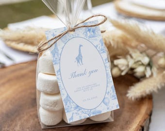 Editable Toile de Jouy Safari Baby Shower Gift Tag, Safari Toile Baby Shower Gift Tags, Blue Chinoiserie Baby Boy Thank You Tags, | ALICE