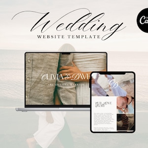 May include: A laptop and tablet display a wedding website template. The laptop screen shows a couple with the text "Olivia & Dave Are Getting Married." The tablet displays a page with the words "Our Love Story."