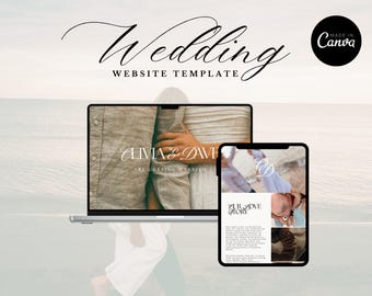 Modèle de Site de Mariage Éditable, Template Canva Minimaliste, Mariage à la Plage, Destination Wedding, Site Web Mariage Simple et Élégant