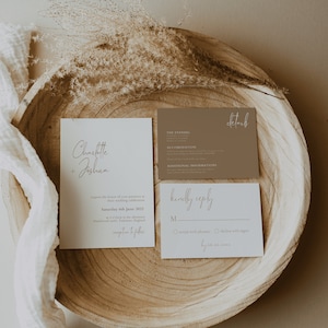 Suite d'invitation de mariage moderne minimaliste, modèle d'invitation de mariage marron, ensemble invitation mariage bohème imprimable |Emy