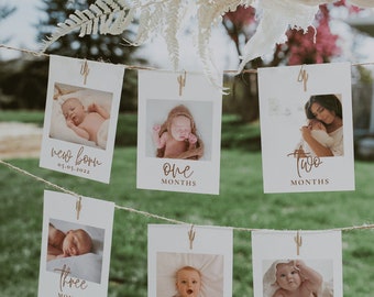 First Birthday Photo Banner, Boho 1st Birthday Photo Banner, Boho Monthly Milestone Photo Cards, Birthday Photo Cards | DEA