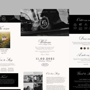 May include: A wedding website design in black and white, featuring elegant script fonts and a layout with sections for the venue, schedule, dress code, and RSVP. The date is February 11, 2025.