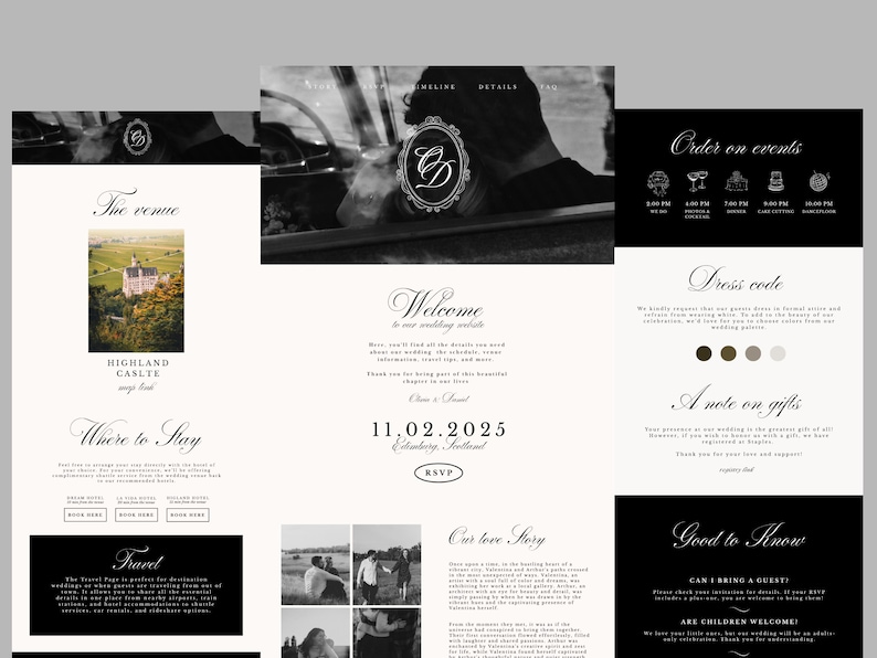 May include: A wedding website design in black and white, featuring elegant script fonts and a layout with sections for the venue, schedule, dress code, and RSVP. The date is February 11, 2025.