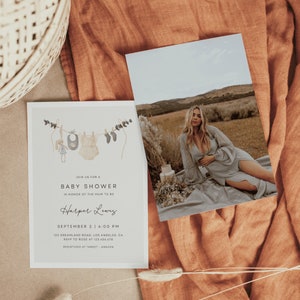 Girl Baby Shower Invitation Template with Photo, Boho Baby Shower Invitation, Baby Clothes Shower Invite, bohemian reveal | ALBI