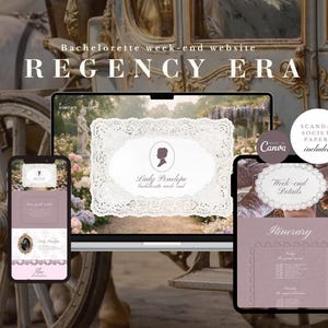 Peut inclure: Concept de design numérique pour un site web de week-end d'enterrement de vie de jeune fille de l'époque Régence, affiché sur un ordinateur portable, une tablette et un smartphone. Le design présente un fond floral, des détails en dentelle et le texte "Lady Penelope".