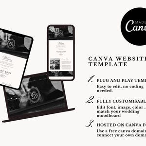 May include: A Canva website template displayed on a tablet, phone, and laptop. The template features a black and white design with the text "Welcome" and the date "11.02.2025". The image also includes the text "Made in Canva".