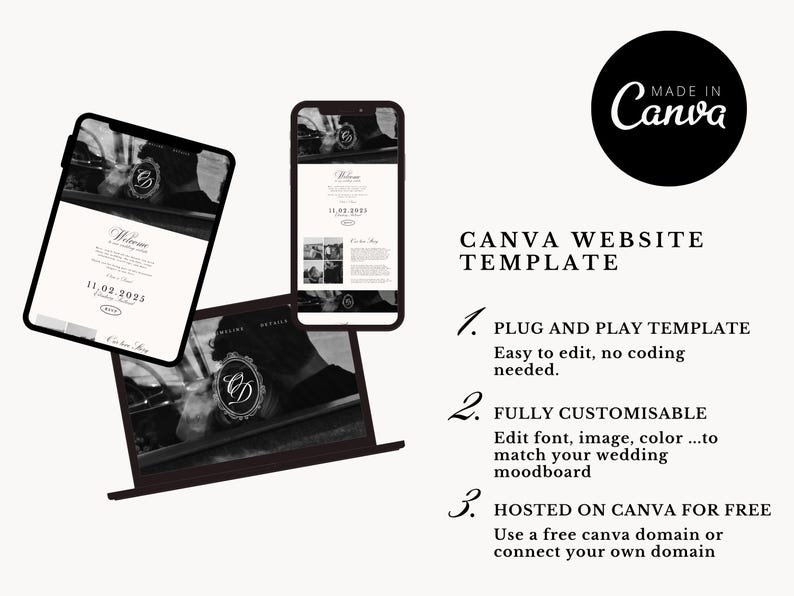 May include: A Canva website template displayed on a tablet, phone, and laptop. The template features a black and white design with the text "Welcome" and the date "11.02.2025". The image also includes the text "Made in Canva".