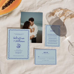 Set papeterie mariage Méditerranée, Faire-part, RSVP et carte détails à imprimer, Thème plage bleu pastel, Suite papeterie mariage | ROMEO