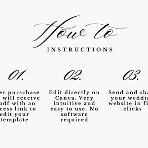 May include: Cream-colored graphic with the words "How to Instructions" in elegant script. Below, numbered steps explain how to edit a template, use Canva, and share a wedding website.