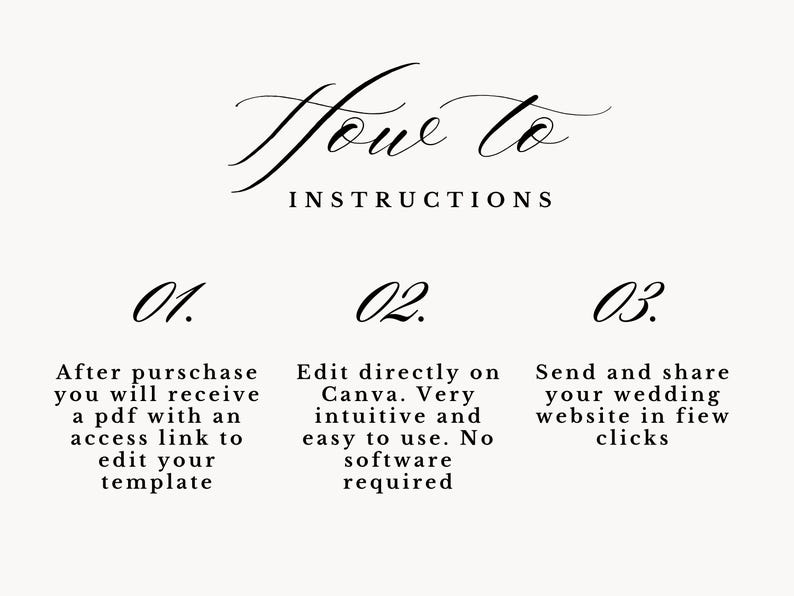 May include: Cream-colored graphic with the words "How to Instructions" in elegant script. Below, numbered steps explain how to edit a template, use Canva, and share a wedding website.