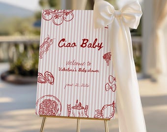 Willkommensschild „Ciao Baby“, italienisches Babyparty-Poster, rot-weißes, personalisierbares Design, modern und minimalistisch | BAMB