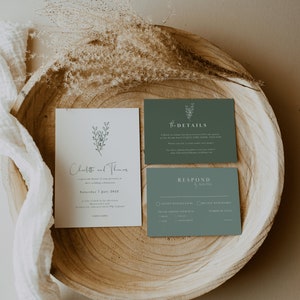 Faire part de mariage vert sauge, Invitation mariage vert sauge, Template mariage vert sauge, mariage minimaliste, carte RSVP détails, GREM