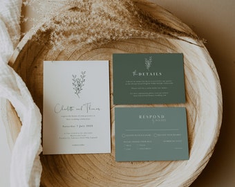 Sage green wedding invitation, sage green wedding invite, sage green wedding template, minimalist wedding, RSVP and details cards, GREM