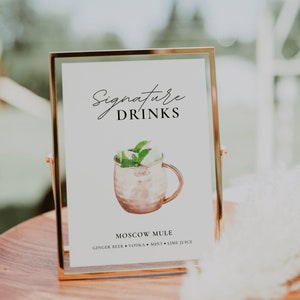 Moscow Mule Signature Drink Sign, Signature Cocktail Sign, Minimalist Wedding Bar Menu Sign, Wedding Drinks menu, Editable Template | ALMA