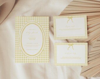 Yellow Gingham Baby Shower Invitation, Diaper Raffle Card, Books for Baby Card, Printable Baby Shower Invitation Set, Party Template | STEVE