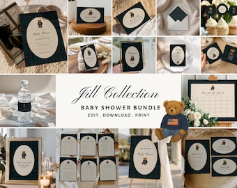 Vintage Polo Teddy Baby Shower Bundle Lauren Baby Shower Decorations Suite Boys, Editable Luxury Bear Baby Shower Invitation Template | JILL