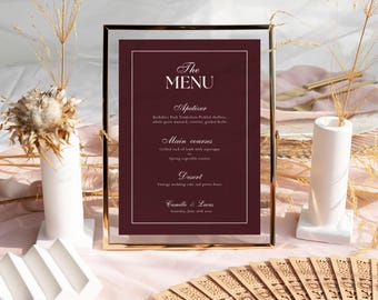 Modern vinröd bröllopsmeny, utskrivbart digitalt menykort, elegant minimalistiskt rött brevpapper, chica bröllopsbordsdekorationer | MILLIE