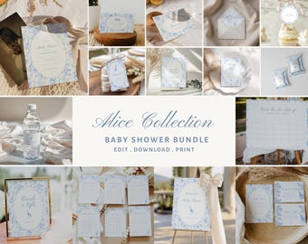 Blue Safari Baby Shower Invitation Set, Vintage French Invitation Templates with Blue Floral, Safari Animal Theme, Print Games Set | ALICE