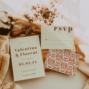 Retro Wedding Invitation Suite, 70s inspired Wedding Invitation, Colorful Wedding Invitation Template, Vintage Invitation Template | ZOA