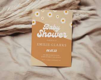 Retro baby shower invitation, hippie 70s invitation,  bohemian baby shower invitation, Daisy baby shower, instant download | ISA