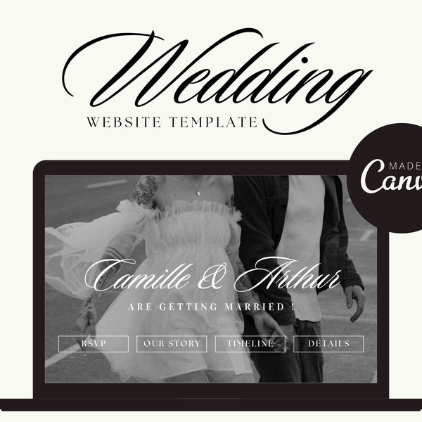Modèle de site Web de mariage, site Web de mariage Canva, site Web de mariage esthétique, réservez la date minimale, modèle Canva
